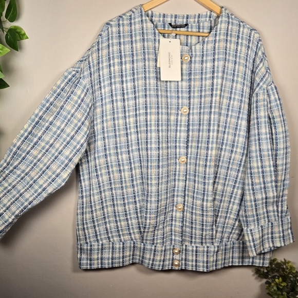 BloomChic Women's Blue Button Up Long Sleeve Blazer Jacket Plaid Top Size 18/20 - Picture 9 of 16
